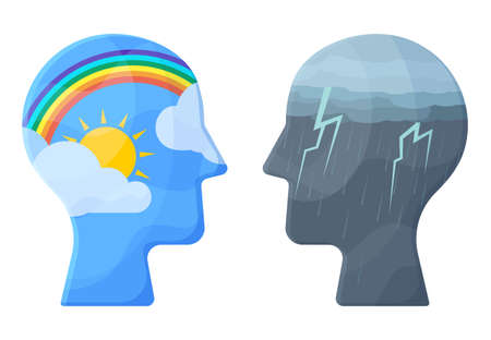 Psychology support, negative and positive mental health concept. Opposite bad and good states of mind vector illustration. Heads with different mental health moodのイラスト素材