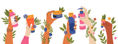 Female hands holding beauty, skincare routine, cosmetic products. Beautiful girls hands with cleanser, cream, mask, serum vector illustration set. Organic cosmetic productsのイラスト素材