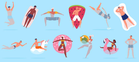 Pool swimming characters, people floating in sea with rubber swim toys. Relaxing summer beach vacation, pool activities vector illustration set. Swimming charactersのイラスト素材