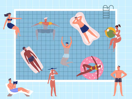 Summer pool party characters, swimming and relaxing people. Pool activities, people floating on rubber mattresses or bathe in water vector illustration. Summertime activityのイラスト素材