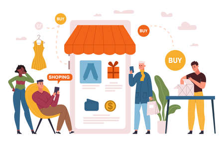 Mobile e-commerce app, online shopping customers. Online clothing or grocery store, people do mobile store purchasing vector illustration. Online shopping conceptのイラスト素材