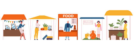 Garage sale event, flea market and city rag fair. Second hand shop, garage sale tents vector illustration. People selling vintage goodsのイラスト素材