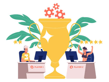 E-sport gamers team, cyber sport championship concept. Cyber athletes compete with each other vector illustration. Multiplayer online e-sport tournamentのイラスト素材