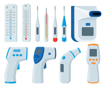 Cartoon thermometers, medical measuring temperature thermometer. Medical mercury and electronic...