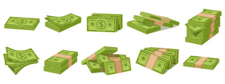 Cartoon dollar bunch, money cash wad. Green paper bills and bundles of banknotes vector illustration set. Big wad of cashのイラスト素材