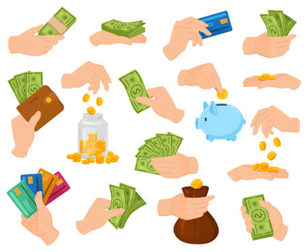 Cartoon cash money, hands hold dollar bill, wallet or bag. Human arm holding green banknotes vector illustration set. Hand giving wallet with cash and banking cardsのイラスト素材