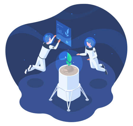 Isometric space colonisation, astronauts growing plants in space. Spaceman growing plant under zero gravity vector illustration. Genetic engineering and space colonizationのイラスト素材
