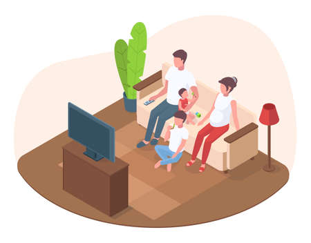 Isometric family with kid watch tv in living room. Parenthood mother and father with kids watching television vector illustration. Adults with children in living roomのイラスト素材
