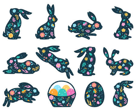 Cartoon easter rabbit silhouette, cute spring bunny and eggs elements. Flowered easter bunnies silhouettes vector illustration set. Cute bunnies decorated with flowersのイラスト素材