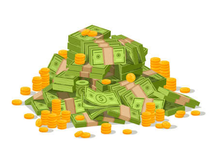 Cartoon money cash pile, dollar bill stack. Pile of green bills, stacks of banknotes vector illustration. Huge pile of golden coins and cashのイラスト素材