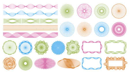 Guilloche pattern watermarks, geometric money watermark elements. Spiral twisted watermark ornaments vector illustration set. Abstract watermarks shapesのイラスト素材