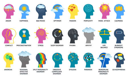Thinking process, psychology support or mental disorders. Mental illness and psychiatry vector symbols set. Psychological problems conceptsのイラスト素材