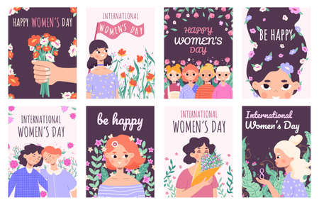 Happy international womens day cards, march 8 celebrating posters. Cute female characters with flower bouquets vector illustration set. International womens day coversのイラスト素材