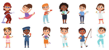 Kids professional characters, baby fireman astronaut and doctor. Boys and girls in different professions vector illustration set. Cartoon kids with professional equipmentのイラスト素材
