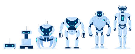 Cartoon robot evolution, digital bot characters development. Robots engineering progress from...