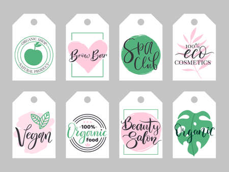 Wellness, health and beauty organic products labels. Spa, healthy yoga center vector illustration set. Natural products, spa elementsのイラスト素材
