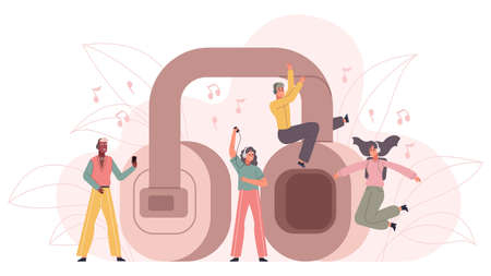 Music people, cartoon characters enjoy music playlist. Happy human dancing to music vector illustration set. Huge earphones play favourite songのイラスト素材