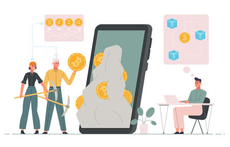 Bitcoin, crypto coin wallet, cryptocurrency mining technology concept. Bitcoins and altcoins farming tech vector illustration. Modern electronic moneyのイラスト素材