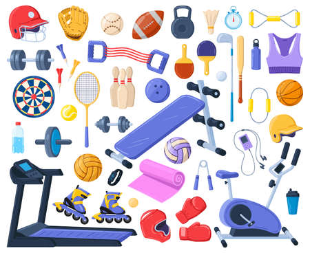 Cartoon sport fitness equipment, gym sport tools. Gym sports elements, indoor activity vector symbols set. Sport accessoriesのイラスト素材
