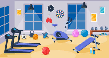 Cartoon gym interior room with sport fitness equipment. Sport elements, fitness room interior vector illustration. Dumbbells, treadmill and exercise bikeのイラスト素材