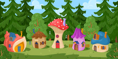 Cartoon forest fairy village, fairytale gnome mushroom houses. Woods gnomes or elves housing village, magical village vector illustration. Fantasy little houses landscapeのイラスト素材
