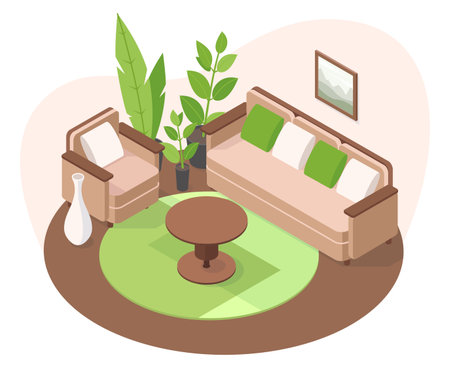 Isometric cozy apartment interior, contemporary living room 3d furniture. Living room with sofa, armchair and potted flowers vector illustration. Modern apartment designのイラスト素材