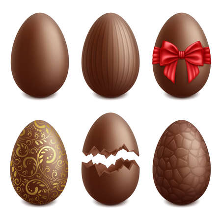 Realistic chocolate eggs, easter holiday sweet dessert. Easter holiday surprise treat, golden choco eggs vector illustration set. Brown choco eggs iconsのイラスト素材