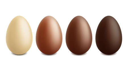 Realistic easter chocolate egg, white, milk and dark chocolate eggs. Easter eggs different chocolate colors vector illustration set. Easter holiday sweet choco treatsのイラスト素材