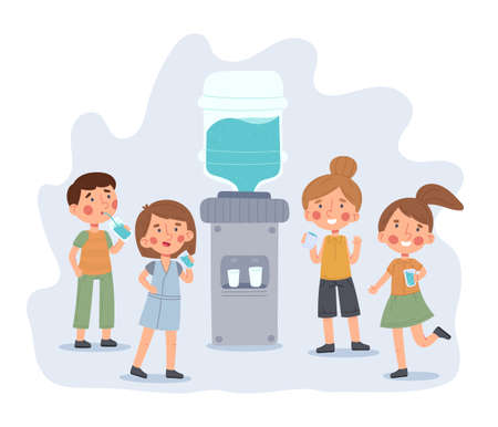 Kindergarten children drinking water, kids near school water cooler. Thirsty girls and boys vector illustration. Kids holding water glassesのイラスト素材
