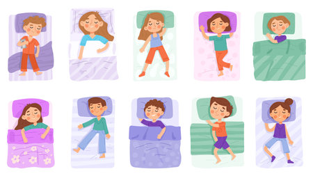 Kids in bed, sleeping children, cartoon bedtime characters. Kindergarten children having night dream vector illustration set. Baby characters resting under blanketsのイラスト素材