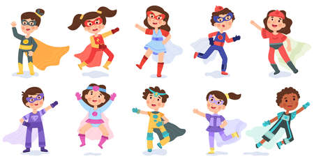 Kid superhero, cartoon super child characters. Baby superheroes in colorful costumes vector illustration set. Multiracial boys and girls superheroesのイラスト素材