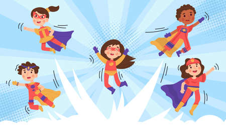 Child superhero, brave kid superhero cartoon characters. Cute kids in superhero poses vector background illustration. Strong children superheroes posterのイラスト素材
