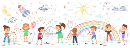 Children draw on wall, kids kindergarten art creative activity. Preschool girls and boys drawing characters vector illustration. Creative children draw pictureのイラスト素材