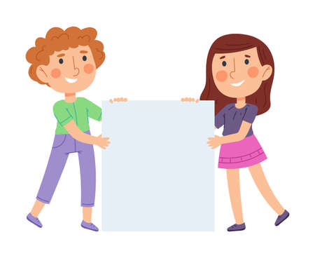 Cartoon kids holding blank banner, boy and girl with empty placard. Little kindergarten boy and girl with blank poster vector illustration. Cute kids with advertising bannerのイラスト素材