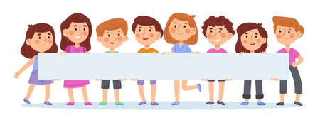 Children holding empty poster, little boys and girls with blank placard. Happy kids group with blank placard vector illustration. Kindergarten children with empty posterのイラスト素材