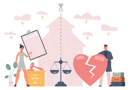 Family breakup, property division, divorce code concept. Husband and wife conflict, family fighting vector illustration. House division and broken heartのイラスト素材