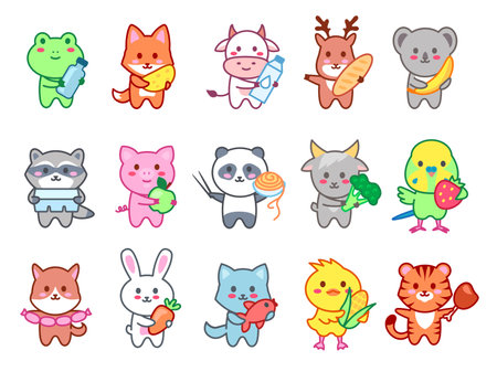 Kawaii animals hold food. Cute zoo character with tasty food products, animal mascot for foodstuffs vector Illustration setのイラスト素材