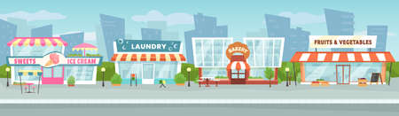 Street shops. Market street around town road, city downtown with local shop buildings vector illustrationのイラスト素材