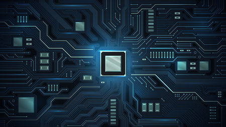 Processor on circuit board. Motherboard chips, microchip electronic and digital circuits vector illustrationのイラスト素材