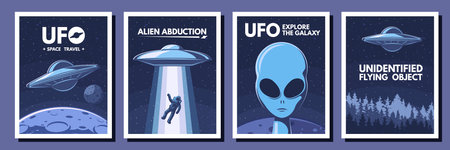 Space UFO posters. Retro alien, flying object and space travel vector Illustration setのイラスト素材