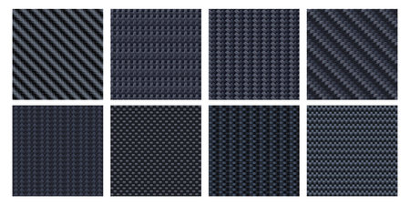 Carbon fiber texture. Interlaced fibers, carbonic woven and black aramid material seamless pattern vector setのイラスト素材