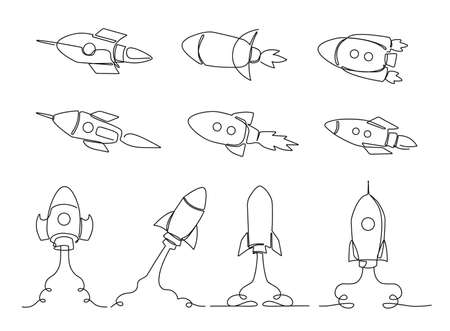 One line rocket. Space ship launch, simple rockets flying into universe and spacecraft sketch vector illustration setのイラスト素材
