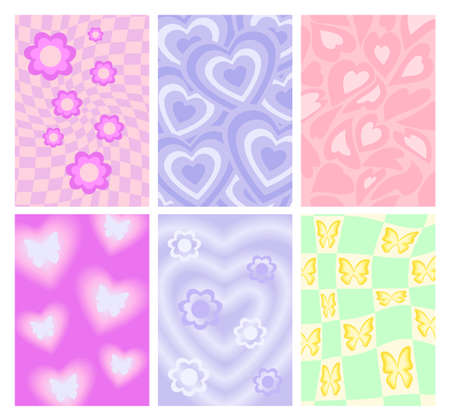 Y2k backgrounds. Groove backdrop with flowers, butterflies and hearts. Psychedelic wavy mesh grid and 90s wallpapers vector setのイラスト素材