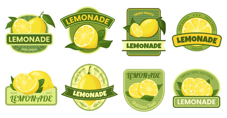 Lemonade label. Fresh and natural lemonades tag with yellow lemon fruit, citrus juice stickers vector setのイラスト素材