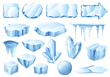 Cartoon ice. Glacier crystals, ice pieces and cold iced frames vector setのイラスト素材
