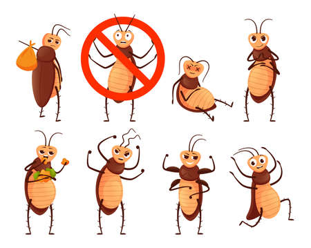 Cockroach mascot. Cartoon roach character, insect in prohibition stop sign and pests beetle vector illustration setのイラスト素材