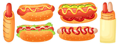 Cartoon hotdog. French hot dog, street food with sausage, sause and sesame seeds bun vector illustration setのイラスト素材