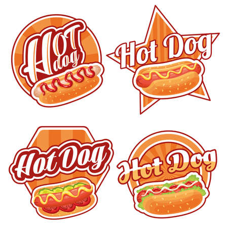 Hotdog label. Street food sign with hot dog in sesame seeds bun, fast lunch sticker vector setのイラスト素材