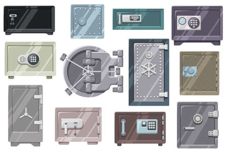 Metal safes. Lock box, safety vault door and secure storage with key locked and code locks vector...