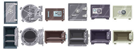 Open safe. Bank vault door, metal storage with code lock. Empty secure boxes with opened and closed doors vector setのイラスト素材